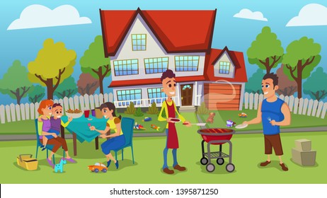 Happy Young Families Having Outdoors Leisure in Yard. Men Cooking Meat on Barbeque, Women Communicating and Playing with Baby. Neighborhood Human Relations, Summertime Cartoon Flat Vector Illustration