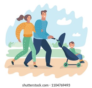 Happy Young Family With A Baby Carriage In Park And Couple Of Older People Walking. Father And Moter In The Park. Outdoor Landscape.