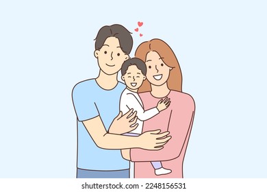 Happy young family with baby child in hands. Smiling parents hug cuddle toddler kid. Parenthood and unity. Vector illustration. 