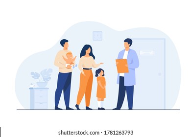 Happy Young Family With Baby And Pediatrician Doctor Isolated Flat Vector Illustration. Cartoon Pediatric Patients In Medical Office Or Hospital. Emergency, Health And Medicine Concept