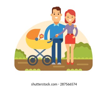 Happy young family with a baby in stroller walking in Park concept flat vector illustration