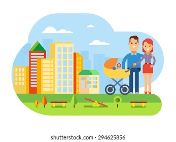 Happy young family with a baby in stroller Happy Young Family with Baby on City Landscape concept flat vector illustration