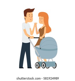 Happy young family with a baby in stroller walking. vector illustration