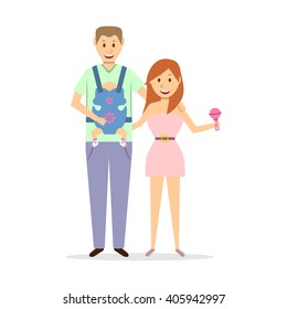 Happy young family with baby. Vector illustration in flat style.