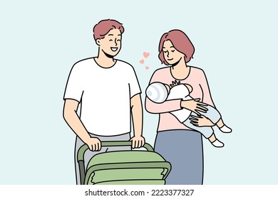 Happy young family with baby walking with stroller outdoors. Smiling parents with child in hands enjoying walk outside. Vector illustration. 