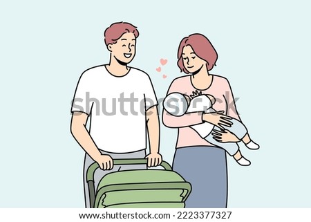 Happy young family with baby walking with stroller outdoors. Smiling parents with child in hands enjoying walk outside. Vector illustration. 