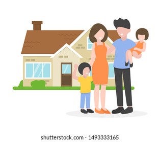 Happy young family buy big house. Flat vector illustration isolated on white background.