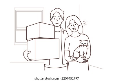Happy young family and cat holding boxes moving to new apartment together  Smiling couple and pet relocate to own house  Relocation concept  Vector illustration  