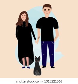 Happy young family with a cat. Vector illustration