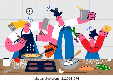 Happy young family with child have fun cooking together at home kitchen. Smiling parents with small kid enjoy morning at home prepare breakfast or dinner. Flat vector illustration. 