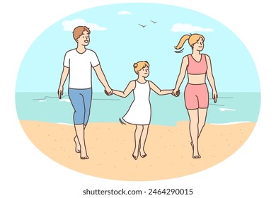 Happy young family with child walking on beach enjoy summer vacation. Smiling parents with kid relax together on seashore. Summertime. Vector illustration.