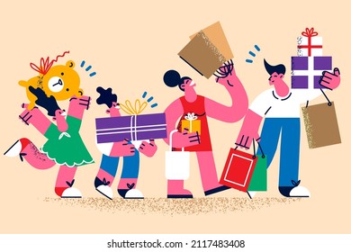 Happy young family with children feel joyful shopping together before New Year or Christmas. Smiling parents and kids with packaging and bag buy on sale or discount. Vector illustration. 