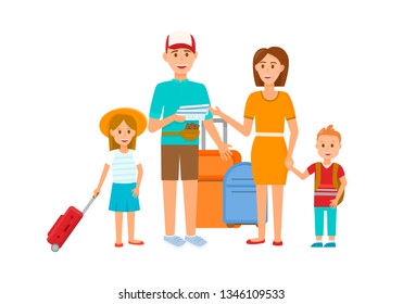 Happy Young Family with Children Isolated on White Background. Father Holding Tickets, Mother, Little Daughter and Son Characters Travelling with Luggage. Cartoon Flat Vector Illustration, Clip Art.