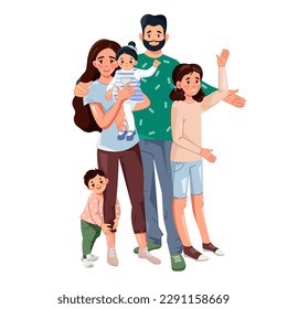A happy young family with children. Mom, Dad and kids. Vector illustration in cartoon style isolated on a white background