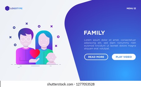 Happy young family concept: father, mother and baby. Web page template with gradient flat icons. Modern vector illustration for medical insurance or social issues.