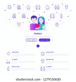 Happy young family concept: father, mother and baby. Web page template with gradient flat icons. Modern vector illustration for medical insurance or social issues.