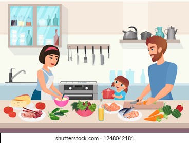 Happy Young Family Cooking. Father, Mother And Daughter Kid Cook Dishes In Kitchen Cartoon Vector Illustration.