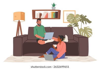 Happy young family couple characters working online on laptop at cozy home office cartoon scene. Man and woman remote employees speaking together sharing comfy workplace indoors vector illustration