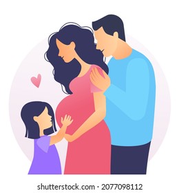 Happy young family. Dad, daughter and pregnant mother.  Child hugs belly of pregnant mother. Vector illustrations