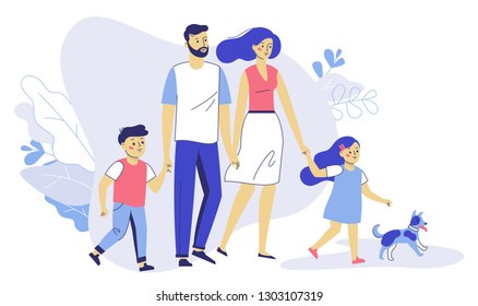 Happy young family dad, mom, son, daughter and dog on walk. Family couple father and mother with children girl and boy walking together. Happiness and love concept.