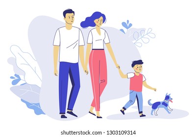 Happy young family dad, mom, son on walk. Family couple father and mother with child and dog walking together. Happiness and love concept.