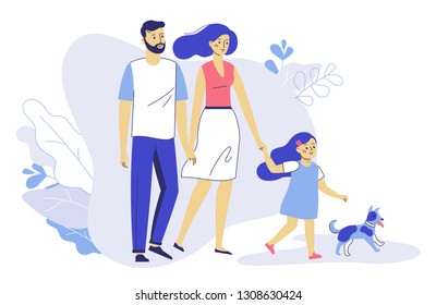 Happy young family dad, mom, daughter on walk. Family couple father and mother with child and dog walking together. Happiness and love concept.