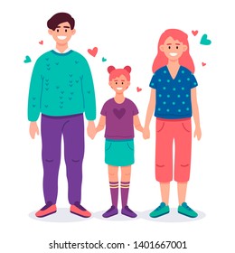 Happy young family. Dad, mom and little daughter in casual clothes standing on white background. Vector illustration in a cartoon flat style.