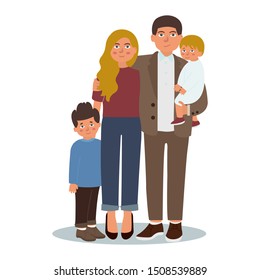 Happy young family. Dad, mom, and two sons together. Vector illustration on white background in cartoon style