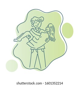 Happy young family. Dad, mom and children. Cute cartoon characters on white background. Vector illustration in flat style
