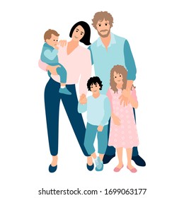  Happy young family. Dad, mom, son and daughter together. Vector illustration in cartoon style