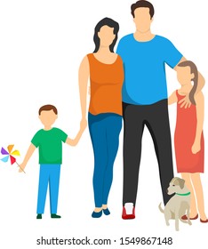Happy, young family. Happy family with a dog isolated on white. Vector, cartoon illustration of a big and happy family. Mom, dad, son, daughter and dog. Vector.