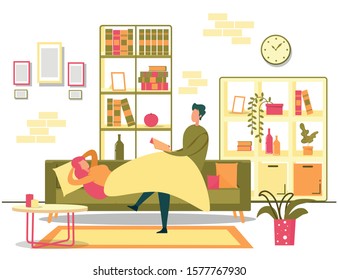 Happy Young Family Evening Rest at Home. Man Reading Book to Loving Woman. Husband Sitting and Woman Lying under Blanket on Sofa. Cozy Living Room. Romantic Weekend. Vector Cartoon Flat Illustration