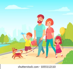 Happy Young Family - Father, Mother, Daughter And Son - Walking In Park With Their Dog. Cartoon Illustration In Vector.