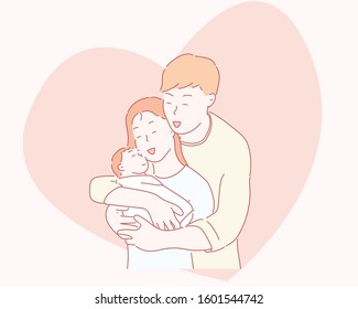 Happy young family. Father, mother and son.Hand drawn style vector design illustrations.