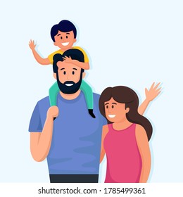 Happy young family. Father, mother and son. with a father carrying his son. flat design style