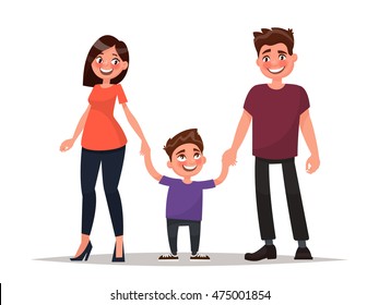 Happy young family. Father, mother and son hold hands. Vector illustration of a modern design