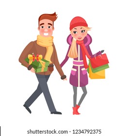 Happy young family getting ready to Xmas eve. Man and woman with bags isolated vector. Merry Christmas, couple returns from shopping with packages.