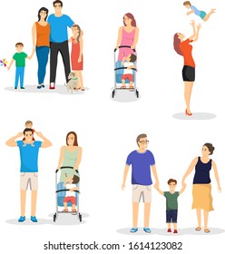 Happy young family. Group of mini characters of a family, mom, dad, son and daughter isolated on a white background. Vector illustration. Vector.