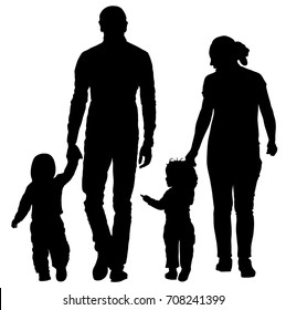 Happy young family holding hands vector silhouette illustration isolated on background. Fathers day. Mothers day. Dad with son and mom with daughter walking.  Little boy and girl with parents outdoor.