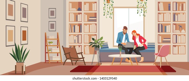 Happy young family at home library looking at laptop. Modern living room in bright colors. Interior room home library. The basic concept of reading. Vector illustration of flat cartoon.
