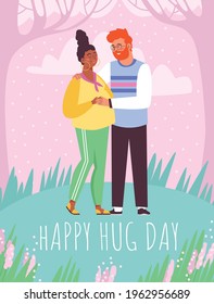 Happy young family hug and love each other. Married couple future parents together waiting baby. Concept of maternity and health care. Vector illustration. Poster with lettering.