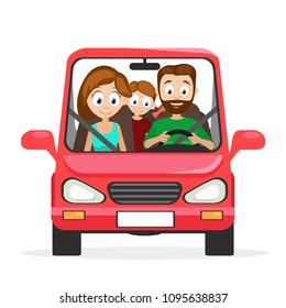 Happy young family husband, wife and daughter are driving in red car on white background.