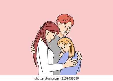 Happy young family with kid hugging showing unity and support. Smiling parents embrace with child feel supportive and comforting. Reunion concept. Flat vector illustration. 