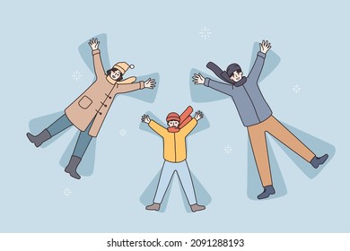 Happy young family with kid lying on ground play rest make snow angels together. Smiling parents have fun relax with kid enjoy winter holidays outdoors. Vacation concept. Vector illustration. 