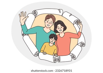 Happy young family with kid peep through paper hole greeting with birthday make surprise. Smiling parents with kid have fun look through opening. Party and celebration. Vector illustration.