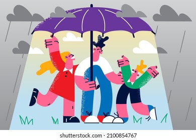 Happy young family with kid stand under umbrella feel sure in future stability and success. Parents with child protected from instability. Health and life insurance. Flat vector illustration. 