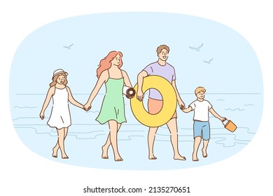 Happy young family with kids enjoy summer vacation on seashore. Smiling parents with small children on beach on sea or ocean spend time together on holiday. Flat vector illustration. 