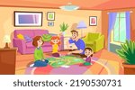 Happy young family with kids playing a board game at home sitting on the floor. Mother, father, son and daughter playing card games on the carpet in a living room. Cartoon style vector illustration.