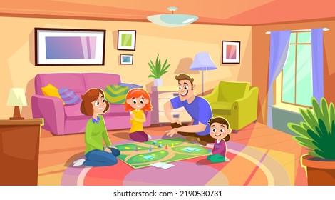 Feliz familia joven con niños jugando un juego de mesa en casa sentados en el suelo. Madre, padre, hijo e hija jugando cartas en la alfombra en una sala de estar. Ilustración vectorial de estilo de dibujos animados.