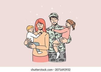 Happy young family meet dad from army excited to be reunited. Smiling military man mother with wife and small children. Serviceman or soldier hug woman and kids. Flat vector illustration. 